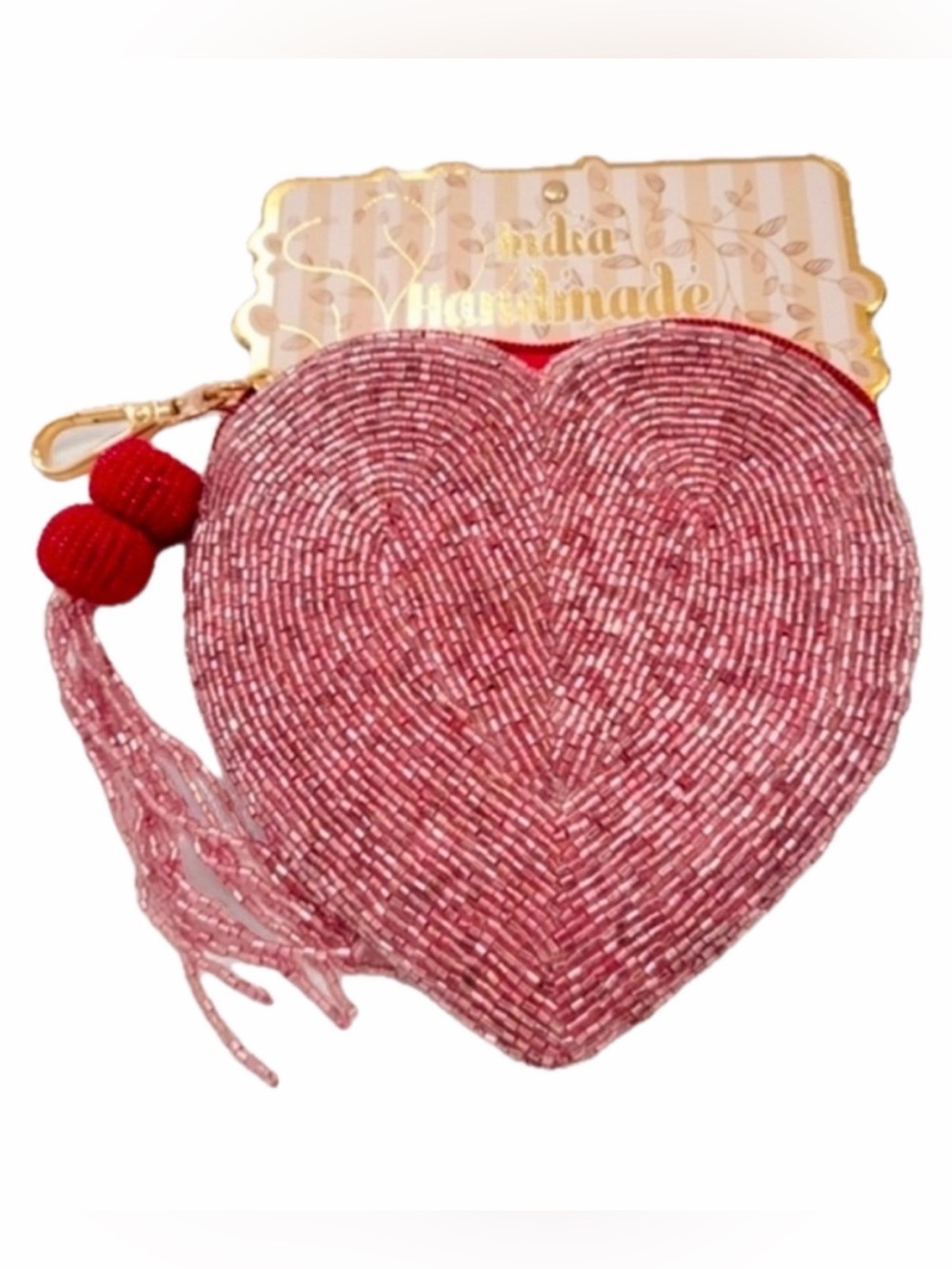 NWT Handmade Pink Beaded Sequin Heart Bag Pouch and Keychain Charm
